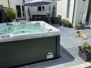 slate patio with hot tub