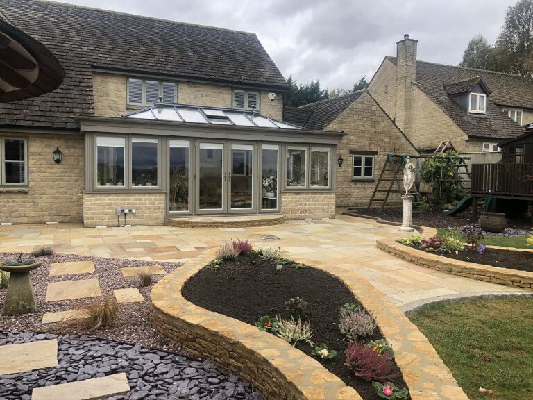 Patio and planters in Cotswold stone